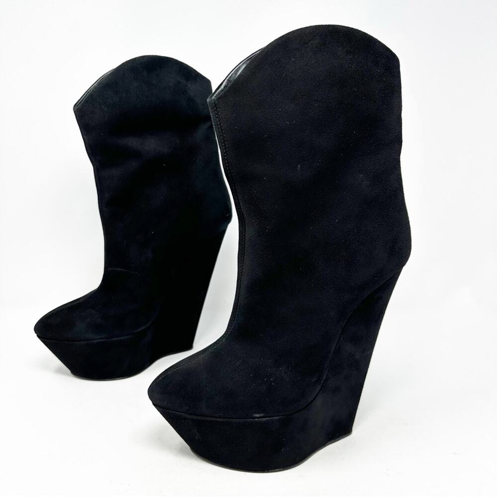 Giuseppe Zanotti Black Suede Platform Wedge Ankle Boots Womens Size EU 38.5